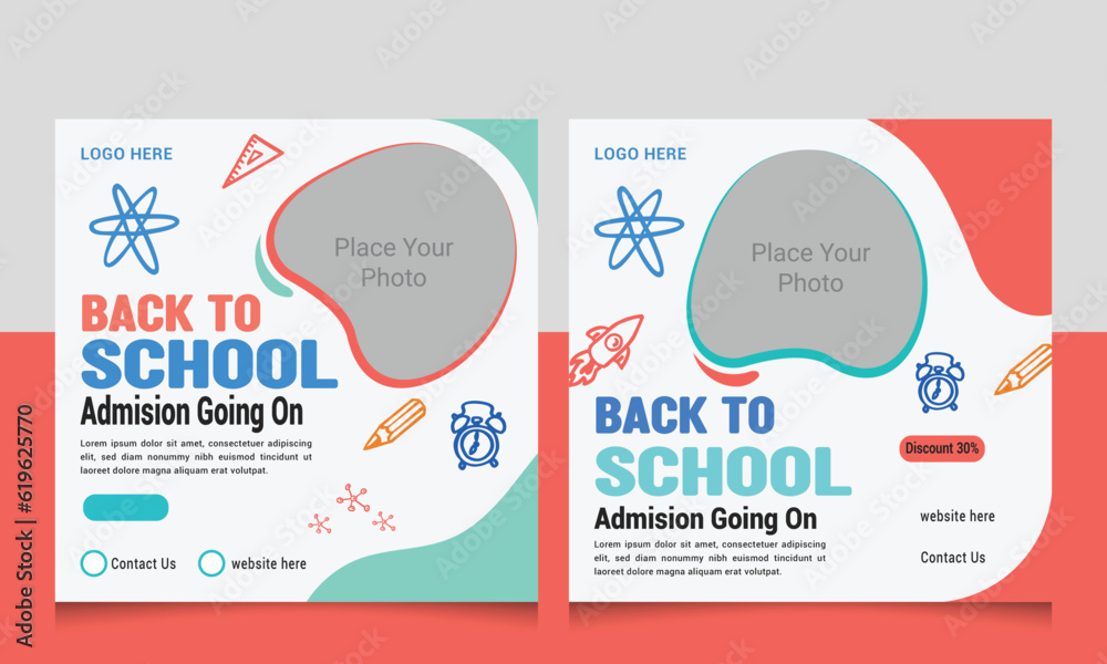 Back to school social media posts design, Back to school social media post banner template, School admission social media template Back to school social media posts design, Back to school social media post banner template, School admission social media template