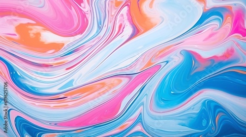 An abstract painting with vibrant blue, pink, and orange colors