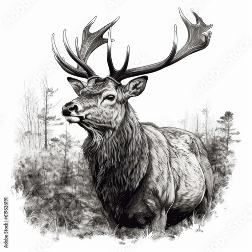 Majestic Deer Illustration black and white 