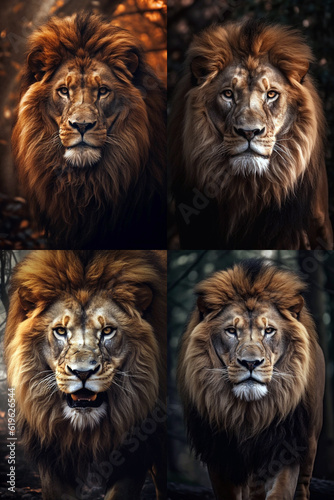 Four pictures of African Lion large detail of face in focus with great detail