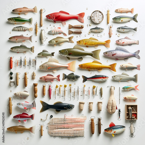 Collection of fishing equipment bait and rod on a white background organized © marphotography
