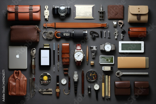 Collection of elegant travel tools organized on a white background symmetric