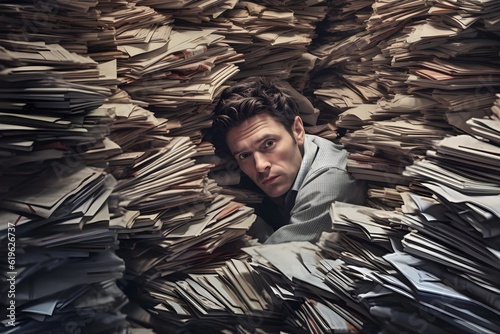書類に埋もれる男性　with generative ai