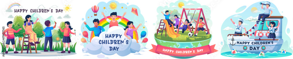 Fototapeta premium Illustration Set of Children's day. Flat style vector illustration