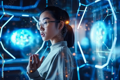 Young Asian woman wondering of new technology, curiosity, looking at holographic digital display, generative ai