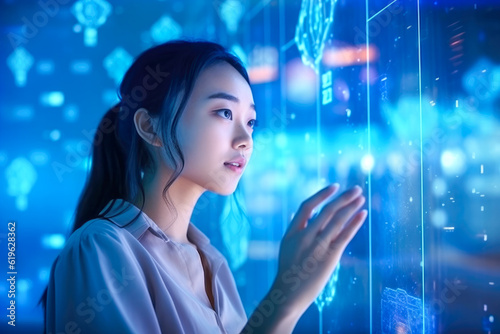Young Asian woman wondering of new technology, curiosity, looking at holographic digital display, generative ai