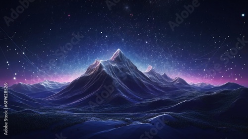 A serene mountain landscape with a starry sky
