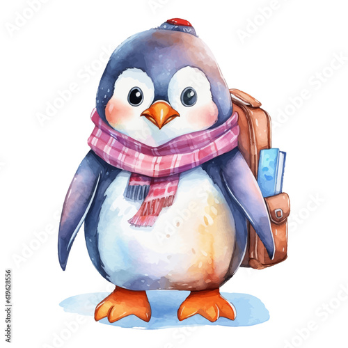 Cute penguin student cartoon in watercolor painting style