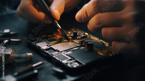 Photo A technician repairing a broken smartphone