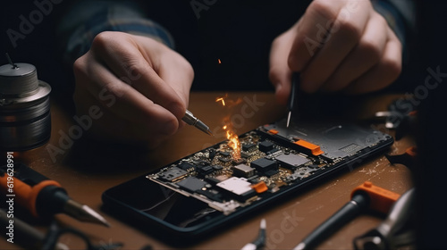 A technician repairing a broken smartphone