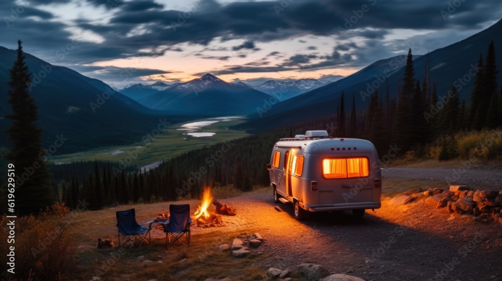 camper cooking over a fire in the rugged landscapes of the Rocky Mountains generative ai