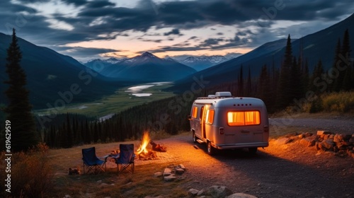 camper cooking over a fire in the rugged landscapes of the Rocky Mountains generative ai © ThisDesign