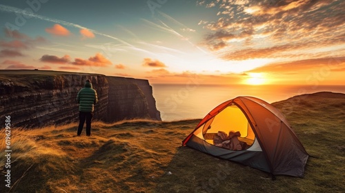 camper gazing at a two-sun sunset on a distant planet generative ai