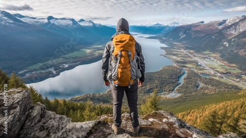 hiker overlooking the stunning fjords of Norway generative ai