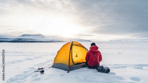hiker resting in a tent in the snowy landscapes of Antarctica generative ai