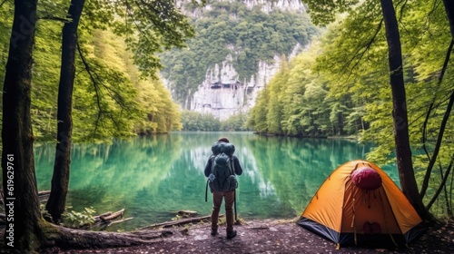 hiker setting up camp in the ethereal landscapes of the Plitvice Lakes generative ai