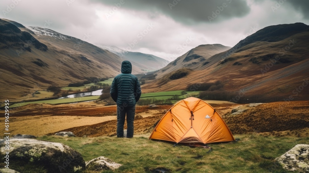 Fototapeta premium person camping in the picturesque landscapes of the Lake District generative ai