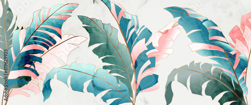 Luxury abstract art background with tropical leaves. Botanical banner with exotic plants for wallpaper design, decor, print, textile, interior design, poster.