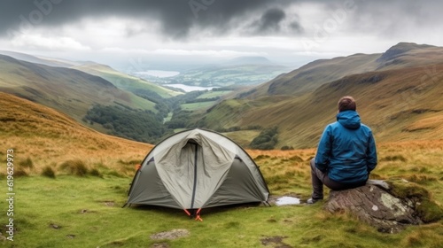 person camping in the picturesque landscapes of the Lake District generative ai