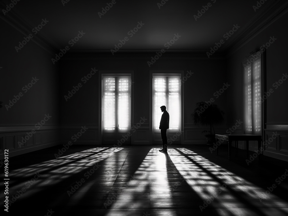 black and white picture of a silhouette in the empty room generative AI