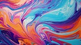 An abstract painting with vibrant blue, orange, and pink colors