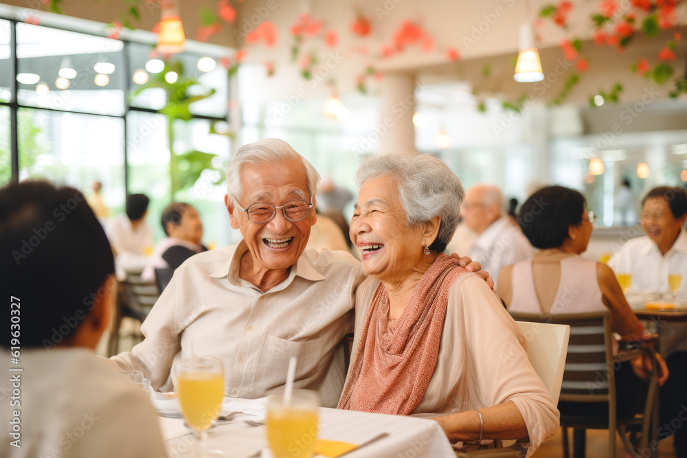 Joyful senior Asian citizens enjoying companionship at a social club, having fun and smiling, Generative AI