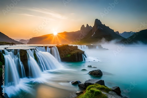 water falls in mountains green generated by AI tool © Muhammad