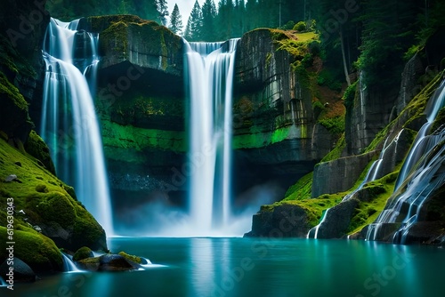 water falls in mountains green generated by AI tool © Muhammad