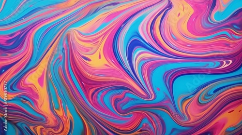 An abstract painting with vibrant swirls of blue, pink, and yellow