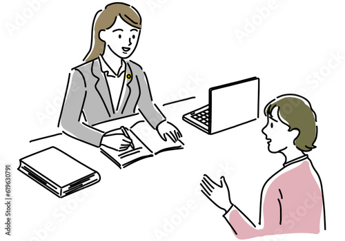 相談する女性と女性弁護士のシンプル線画イラスト