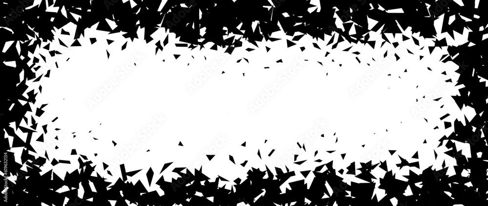 Debris and shatters in rectangle frame. Black broken pieces, specks, speckles, particles, shivers. Abstract explosion and burst textured rectangular element. Vector illustration Debris and shatters in rectangle frame. Black broken pieces, specks, speckles, particles, shivers. Abstract explosion and burst textured rectangular element. Vector illustration