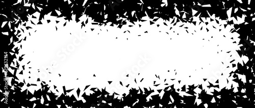 Debris and shatters in rectangle frame. Black broken pieces, specks, speckles, particles, shivers. Abstract explosion and burst textured rectangular element. Vector illustration 