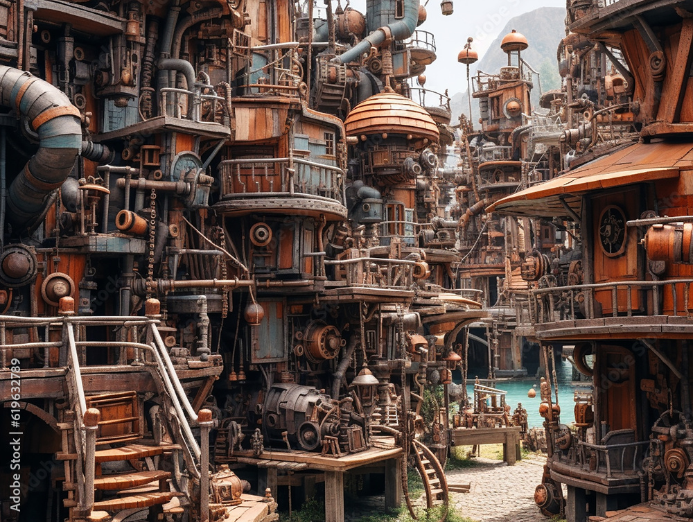 steam punk tribal village, insane detail made by AI generative photo