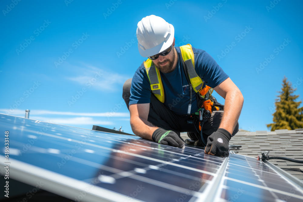 Solar power consultant expert on a roof installing solar panels. Switch to Green Energy, generative ai Solar power consultant expert on a roof installing solar panels. Switch to Green Energy, generative ai