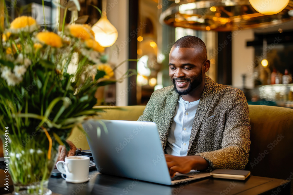 Portrait of an African American man working on a laptop in a modern cafe hotel lobby, generative ai Portrait of an African American man working on a laptop in a modern cafe hotel lobby, generative ai