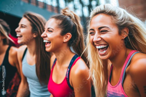 Group of women laughing after a gym workout, with joy and accomplishment, strengthening friendships while pursuing a healthy and active lifestyle together, generative ai