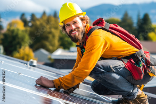 Solar power consultant expert on a roof installing solar panels. Switch to Green Energy, generative ai