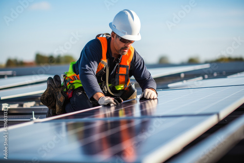 Wallpaper Mural Solar power consultant expert on a roof installing solar panels. Switch to Green Energy, generative ai Torontodigital.ca