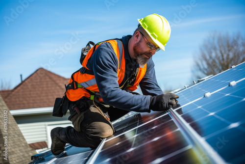 Wallpaper Mural Solar power consultant expert on a roof installing solar panels. Switch to Green Energy, generative ai Torontodigital.ca