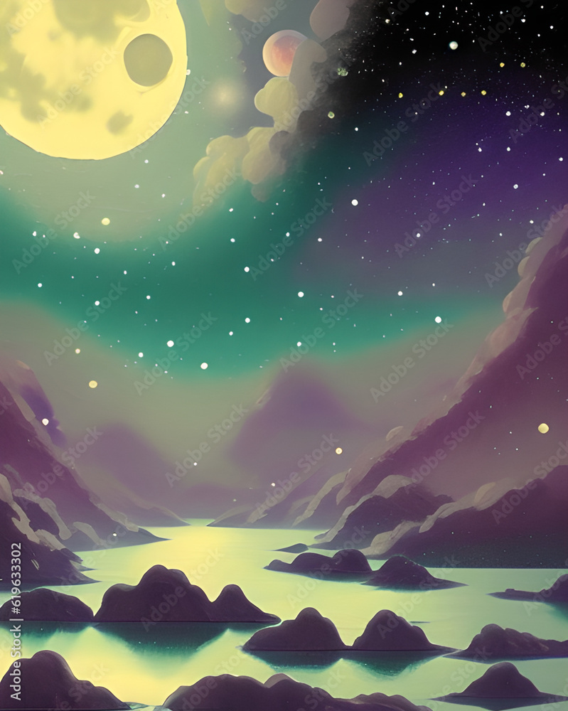 stars and moons in the river and sky beautiful anime scenes