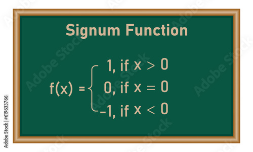 Signum function formula domain and range. Mathematics resources for teachers and students. Vector illustration isolated on chalkboard.