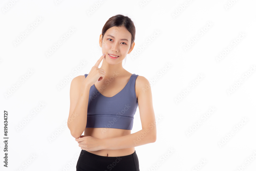Portrait of beautiful young asian woman in sportwear smile and thinking isolated on white background, sport and exercise for health and weightloss, female and slimming with confident and wellness. Portrait of beautiful young asian woman in sportwear smile and thinking isolated on white background, sport and exercise for health and weightloss, female and slimming with confident and wellness.