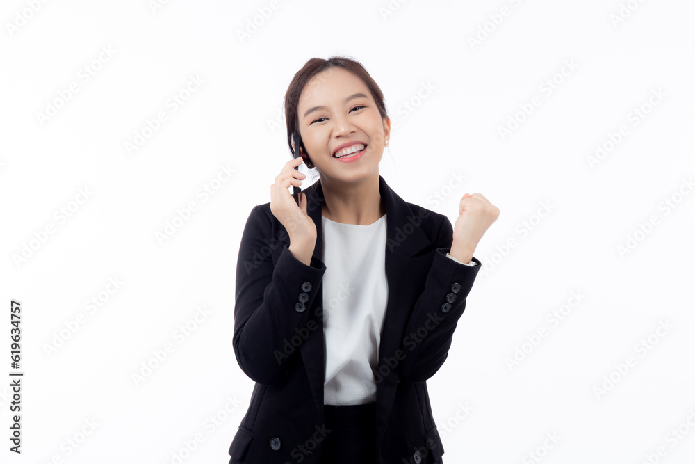 Young asian business woman in suit talking on smart phone isolated on white background, businesswoman speaking on smartphone with conversation, female holding cell phone, communication concept. Young asian business woman in suit talking on smart phone isolated on white background, businesswoman speaking on smartphone with conversation, female holding cell phone, communication concept.