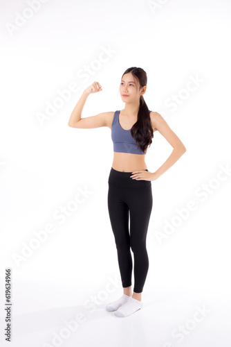 Portrait of beautiful young asian woman in sportwear showing strong muscles isolated on white background, sport and exercise for health, training and strength, female slimming with confident.