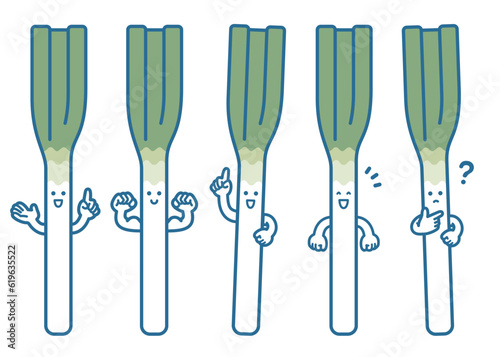 Green onion character pose set illustration