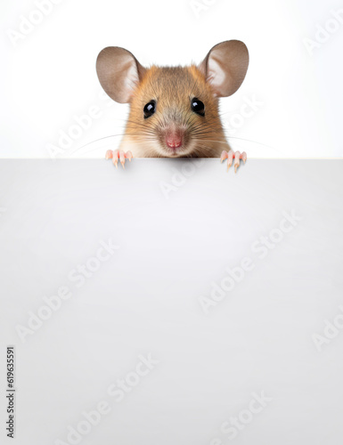 Mouse holding a blank white board isolated on white background.