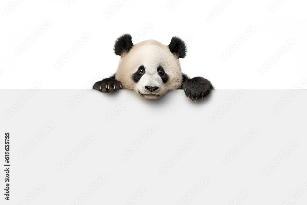 Panda holding a blank white card isolated on white background.