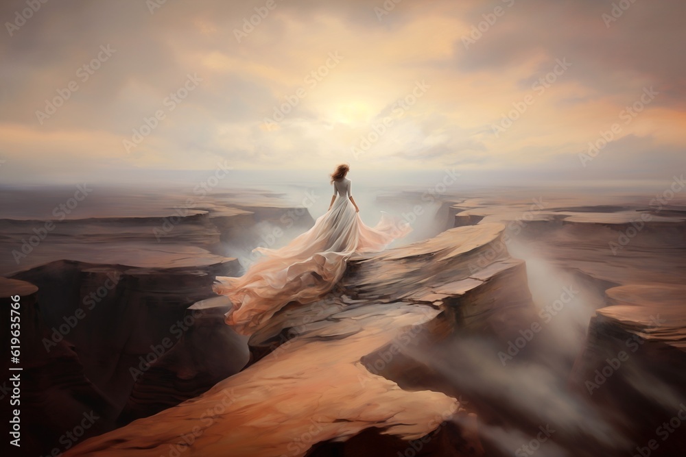 Whispers of the Wind:  The wind carries a sense of liberation and inspiration, standing on the precipice of a majestic cliff, a solitary figure is embraced by the gentle caress of the wind.