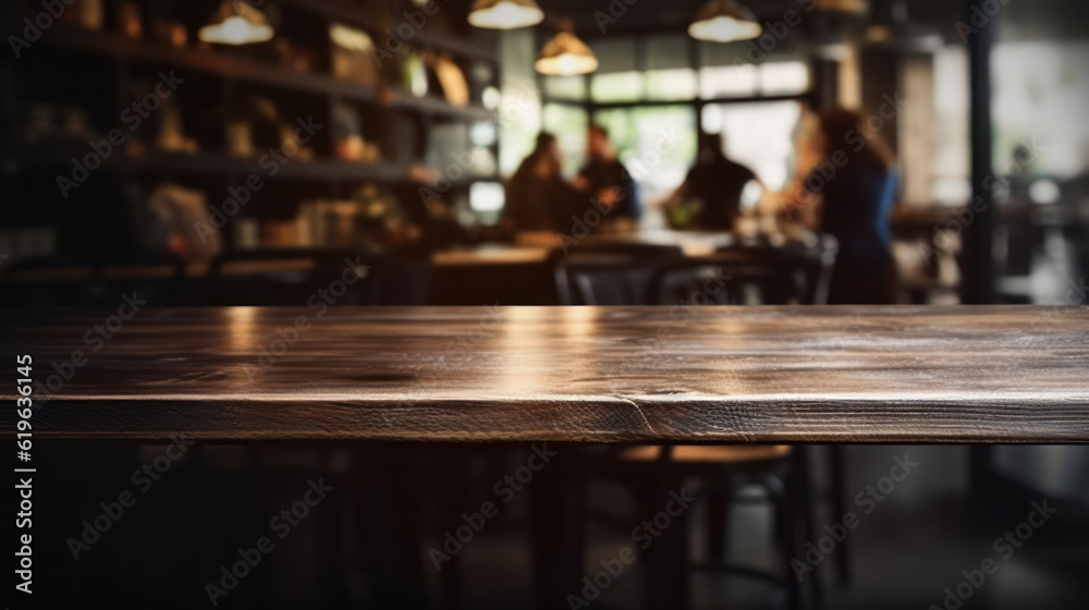 The dark wood table in the cafe with a blurred background