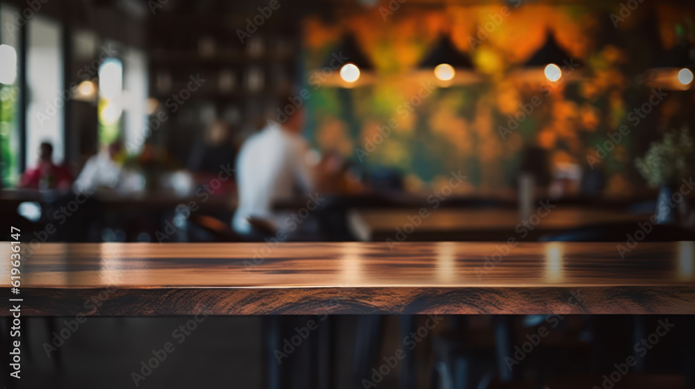 The dark wood table in the cafe with a blurred background